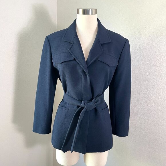 M.M. LAFLEUR Womens 4 Navy Textured Pocket Jacket Waist Tie Blazer